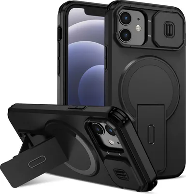 Obrázek produktu pro Magnetické pouzdro pro iPhone 12/iPhone 12 Pro, dvouvrstvé odolné pouzdro s posuvnou ochranou fotoaparátu a nastavitelným stojánkem Černá