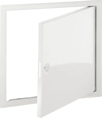 A white revision door with a square lock is shown against a white background. The door is slightly ajar.