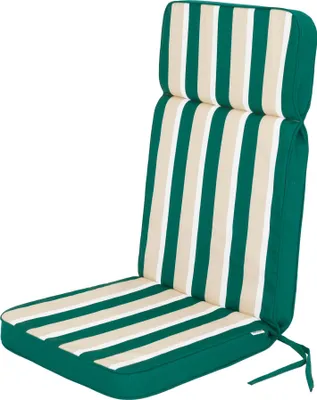 A striped chair cushion with green, beige, and white stripes, shown against a white background.