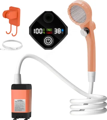 Obrázek produktu pro Přenosné kempingové sprchové čerpadlo, venkovní sprchová souprava pro obytné vozy, inteligentní digitální displej, 6000 mAh, oranžová (se sprchovou hlavicí, černý hák)