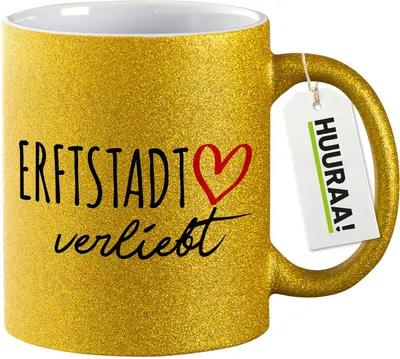 Produktbild von Huuraa Glitzertasse Erftstadt verliebt 330ml Gold Keramik Kaffeebecher Geschenkidee