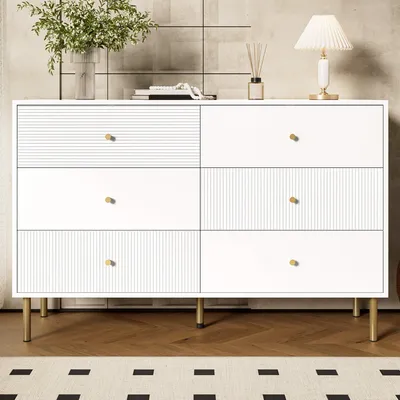 Obrázek produktu pro Komoda - Skříňka pod umyvadlo - Komoda - Úložná skříň - Skříň - Bílá - 6 zásuvek - Materiál: MDF, kovové nohy - Zlaté úchytky