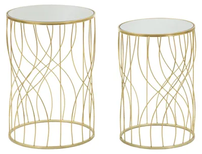 Immagine prodotto di Coppia Tavolinetti Ligne Oro - Design rotondo in metallo con decorazione geometrica e piano a specchio - Stile Glam 38x55cm e 33x50cm