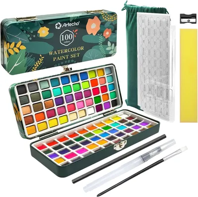 Produktbild von Artecho Aquarell -Lack -Set, 100 Farben, in tragbarer Kiste, Pinselpapier, Reisen, Aquarelle Künstler Hobby Maler