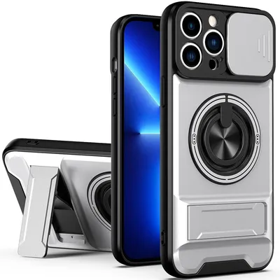 Obrázek produktu pro Magnetické pouzdro pro iPhone 13 Pro Max Ochranné pouzdro s posuvným krytem fotoaparátu a kroužkovým stojánkem Stříbrná