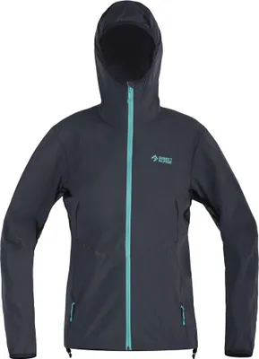 Dunkelgraue Softshelljacke für Damen mit Kapuze und Reißverschluss; Marke DirectAlpine.