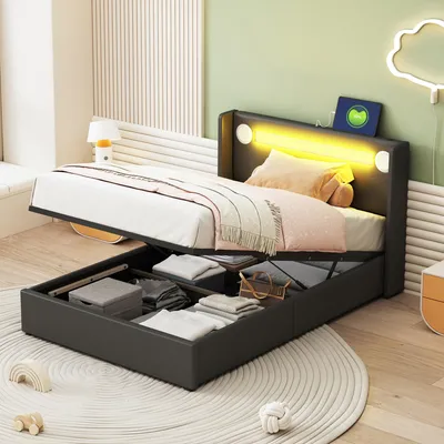 Image de Lit rembourré pour enfant 90 x 200 cm avec haut-parleur Bluetooth, bande lumineuse LED et port USB, lit pour adolescent en cuirPolyuréthaneavec coffre de rangement à ouverture hydraulique