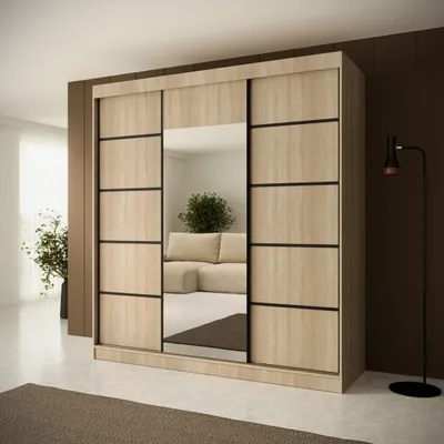 Image de Armoire à trois portes avec coulisses Monika armoire moderne en miroir avec portes coulissantes 200 cm armoire avec tiroirs, couleur : Sonoma, coulisses : noir