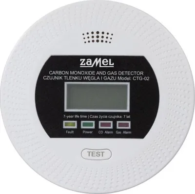 A white carbon monoxide and gas detector with a digital display and indicator lights.