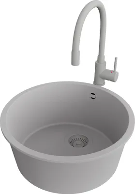 Produktbild von PRIMAGRAN Granitspüle Grau 46x46cm, Spülbecken Rund 1 Becken + Küchenarmatur 38x14cm + Ablauf-Set, Küchenspüle ab 50er Unterschrank - Valletta Slim