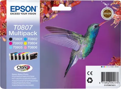 Produktbild von Epson Hummingbird Multipack 6 Farben T0807 Claria Photographic Ink, Schwarz, Cyan, Helle Cyan, Helle Magenta, Magenta, Gelb, 1 Stück(e), Multipack