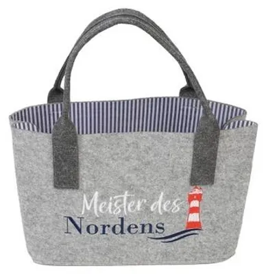 A grey felt tote bag with a lighthouse and text.