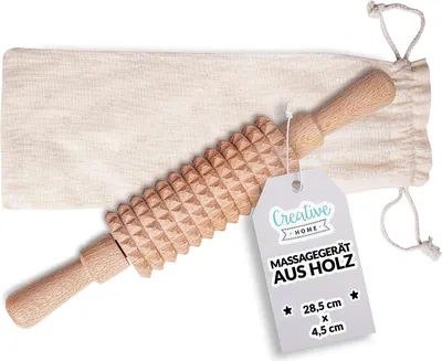 Produktbild von Creative Home Masážní Váleček z Přírodního Bukového Dřeva s Rukojetí | 28,5 x 4,5 cm | Odolný Anticelulitidový Efekt pro Zpevnění Těla | Ideální pro Masáž Stehen, Břicha, Hýždí, Rukou a Nohou