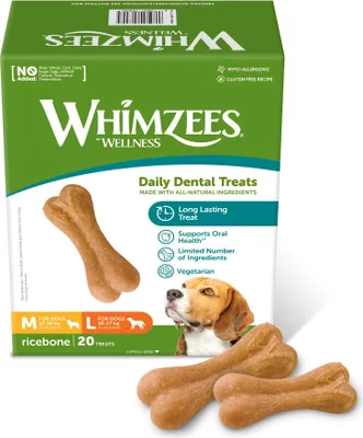Produktbild von WHIMZEES Reisknochen M/L, 20 Stück – Größe M/L, Kaustangen für mittelgroße und große Hunde zur Zahnpflege, Getreidefrei, Natürlich, ohne Zuckerzusatz