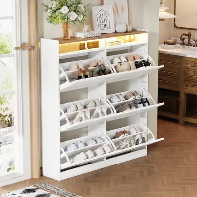 Productafbeelding van Flieks Moderne schoenenkast met 6 kleppen, LED-verlichting, twee open vakken, schoenenrek voor de entree of hal, wit + naturel