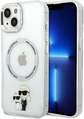 A transparent iPhone 14 case with Karl Lagerfeld and Choupette branding, placed next to an iPhone.