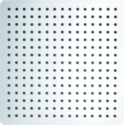 A close-up, top-down view of a square shower head with many small nozzles.