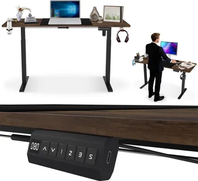 A collage of images showing an adjustable standing desk with a laptop and accessories, and a person in a suit using a similar desk.