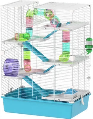 Produktbild von 6-stöckiger Hamsterkäfig mit Röhren, Tunnels, Hütte, Laufrad, Futterschale, Wasserflasche, Rampen, Hellblau
