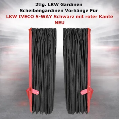 Immagine prodotto di 2 pezzi. Tende per camion, tende per finestrini, tende per cabina. Adatte per camion IVECO S-WAY. Colore nero con bordo rosso. NUOVO