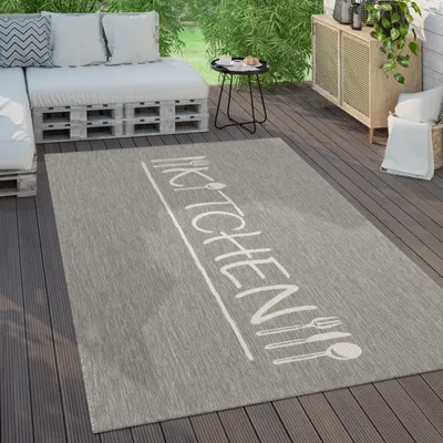 Produktbild von Outdoor Teppich Wetterfest Balkon Küche Modernes Muster Mit Schriftzug Grösse 60x100 cm