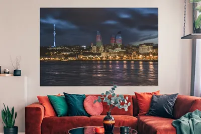 Produktbild von OneMillionCanvasses® - Leinwandbilder - 150x100 cm, Dunkle Wolken über der beleuchteten Stadt Baku in Aserbaidschan, Wandbilder Kunstdruck Wanddekoration