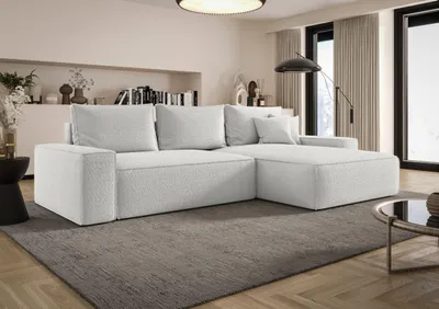 Produktbild von BEDANTE ECKSOFA MONA mit Schlaffunktion QUELLE 01 Weiß Rechts L-Form Sofa mit Stauraum Bettkasten Wohnzimmersofa Couch Sofa Bettsofa Bettkasten Bettcouch
