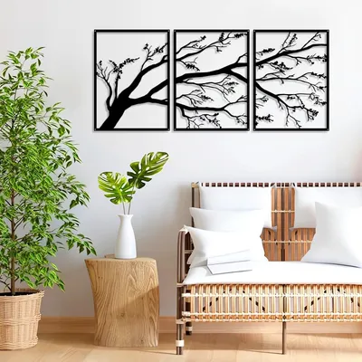 Metall-Baum-Wanddeko 3er-Set, 40x30 cm, schwarz