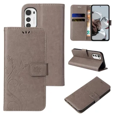 Produktbild von Handyhülle für Motorola Moto E32 Floral Blumen Schmetterling Flip Cover Hülle Case Klapphülle Handytasche Farbe: Grau