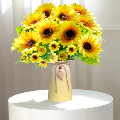 Image de Composition florale artificielle en forme de tournesol, avec vase