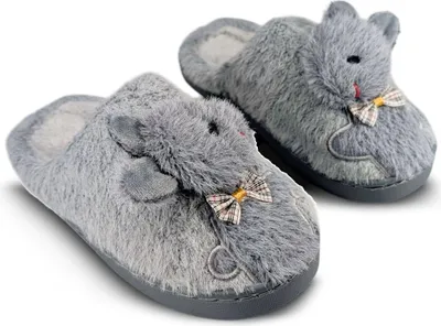 Produktbild von Damen Isoliert Hausschuhe Gefüttert Slippers mit Maus Muster in Grau Gr.36/37