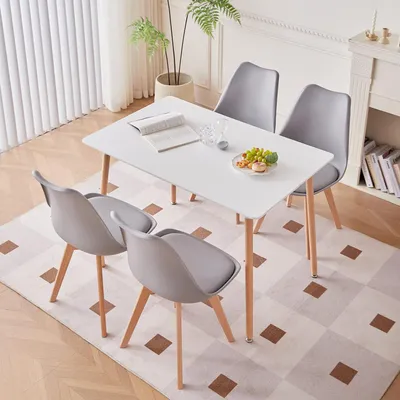 Produktbild von Essgruppe rechteckiger Esstisch und 4 skandinavische Küchenstühle Weiß + Grau