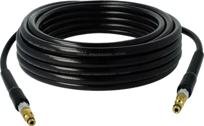 A coiled black high-pressure hose with brass connectors on both ends, presented on a white background.