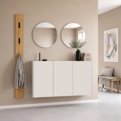 Produktbild von Garderobenset 4-teilig mit Schuhschrank, 2 Spiegeln & Garderobenpaneel in Beige mit Eiche - LAPUA-01
