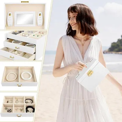 Produktbild von Reise-Jewelencoffret - 3 Schichten, mit Spiegel, tragbar, für Ringe, Ohrringe, Ketten