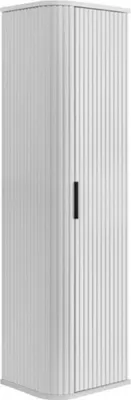 A tall, white cabinet with a ribbed door and a black handle, shown from a slight angle against a white background.