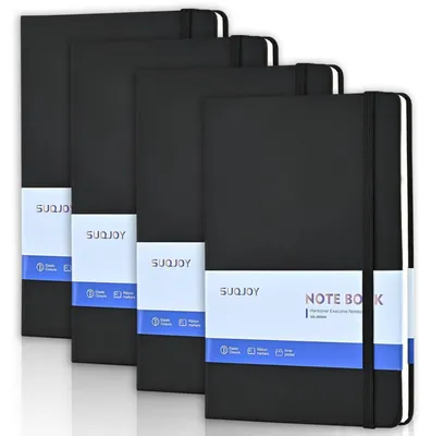 Zdjęcie produktu dla Notatnik A5, w kratkę, 4 sztuki, twarda okładka, czarny, 160 stron, gramatura 100 g/m², z gumką ściągającą, zakładką, wewnętrzną kieszenią