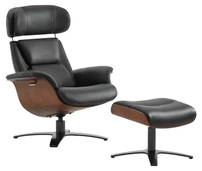 Produktbild von CHITA Echtleder Relaxsessel mit Fußhocker, 360° drehbar, Liegefunktion, bis 159 kg belastbar, (Schwarz)