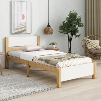 Produktbild von Massivholzbett, 90x200 cm, Einzelbett mit Lattenrost und Kopfteil, Holzbett aus Kiefer, Jugendbett