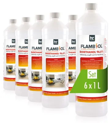 Produktbild von 6x 1 L FLAMBIOL® Bioethanol 96,6% Premium für Ethanol-Tischkamin in Flaschen