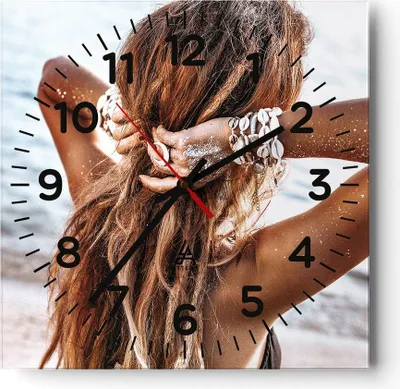 Produktbild von Wanduhr - Quadrat - Glasuhr - Haare Frau Strand - 30x30cm - Schleichendes Uhrwerk - Lautlos - zum Aufhängen bereit - Dekoration Modern - Wanddekoration aus Glas - C4AC30x30-4613