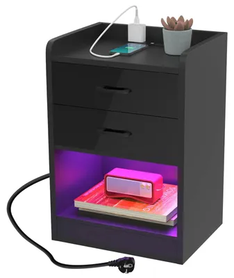 Produktbild von LED Nachttisch - Beistelltisch mit Ladestation - 2 Schubladen - Versteckte Schublade - Stauraum Schlafzimmer - Modernes Design - Schwarz