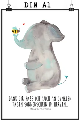 Produktbild von Mr. & Mrs. Panda Bild Elefant Biene DIN A1 - Weiß - Geschenk, Deko, Hochzeitsgeschenk, Lustige Sprüche, wanddeko, drucke, Heiratsantrag, Liebesspruch, Wanddekoration