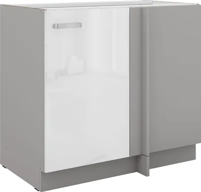 A corner kitchen cabinet unit with a white high-gloss door and gray sides, shown from a three-quarter angle.
