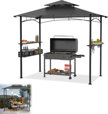 Obrázok produktu pre LARS360 BBQ pavilón so sivou dvojitou strechou - prístrešok na grilovanie 244x153x250 cm, stabilný a odolný voči poveternostným vplyvom, vrátane háčikov, políc a otvárača na fľaše