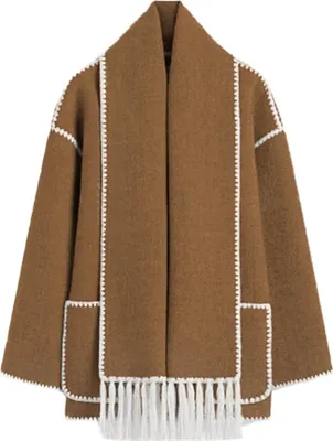 Produktbild von ASKSA Damen Herbst Winter Mantel Mit Schal Lose Langarm Einreiher Maentel Weibliche Warme Quaste Jacke, Braun, S
