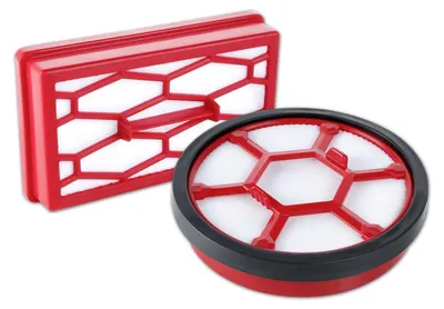Two vacuum cleaner filters, one rectangular and one round, are shown against a white background.