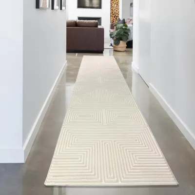 Image de Tapis à poils courts Crème design géométrique avec effet brillant moderne et facile d'entretien Taille - 80 x 300 cm