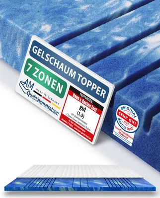 A close-up view of a blue gel foam topper with labels and certifications.