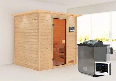 Produktbild von Karibu Sauna Innensauna Adelina Fronteinstieg Ofen 9 kW  externe Strg easy 224x184x191 cm mit Dachkranz